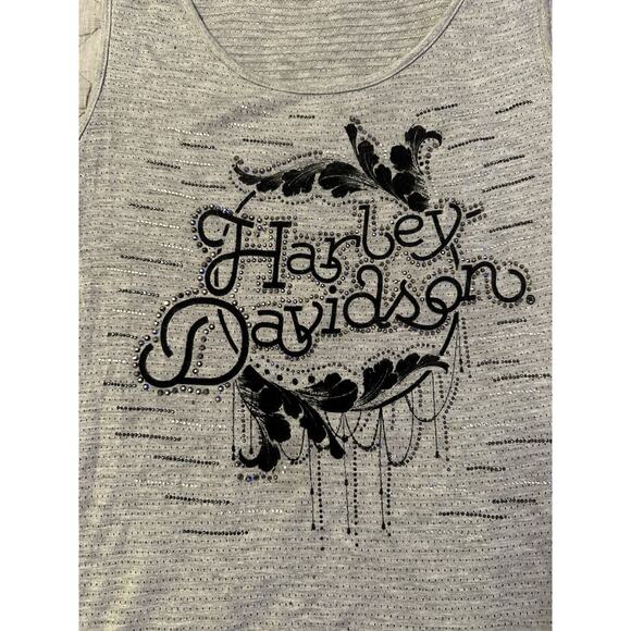 Harley Davidson Rhinestone Lace Hem Tank Top Womens Large Gray Tiered Biker Chic - Picture 3 of 10